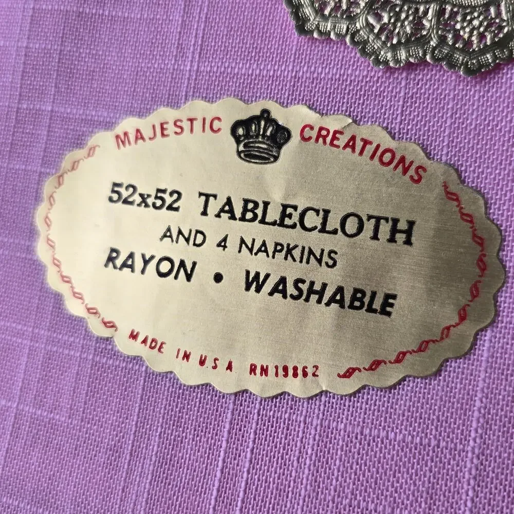 Vintage Majestic Creations Tablecloth 4 Napkins Pink White Rayon Square 52X52